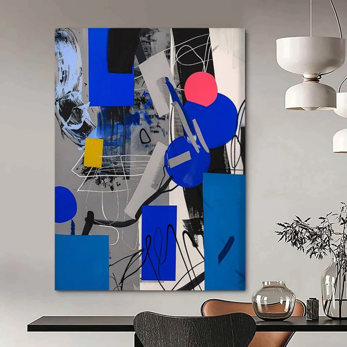 Geometric Fusion: Blue, Gray & Pink Painting On Canvas DS110