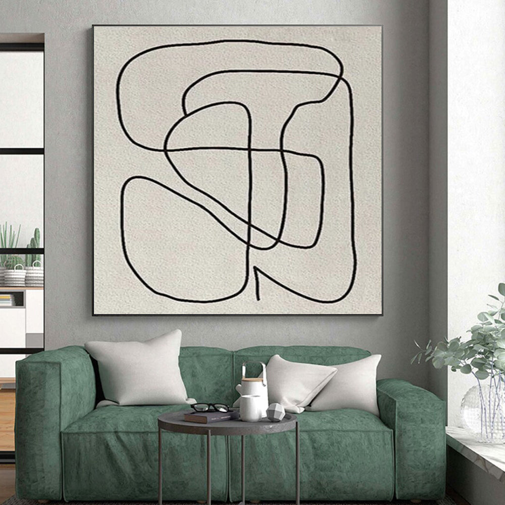 “Continuous Black Line Drawing” - Black, Beige Abstract Line Art Painting On Canvas PS0682