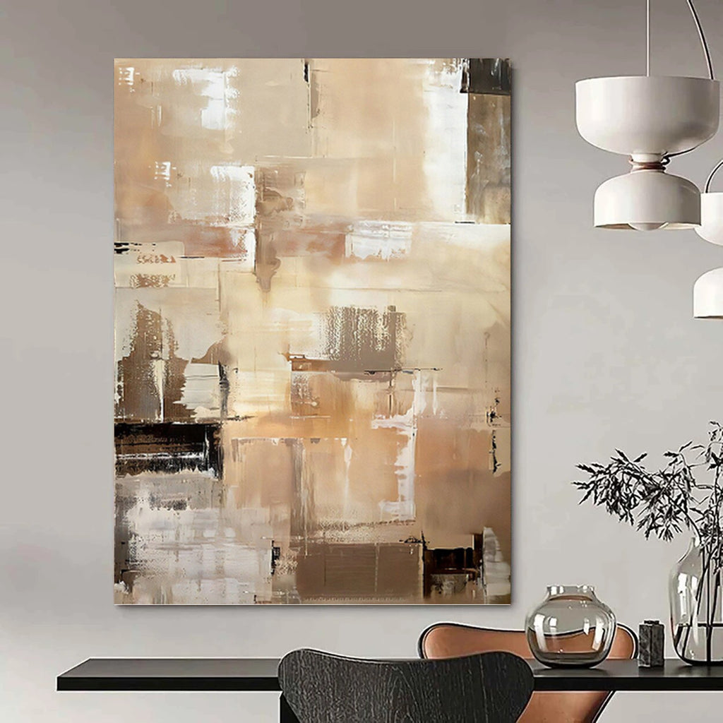“Beige and Brown Abstract Cubist - inspired Painting” - Modern Abstract On Canvas PT0984