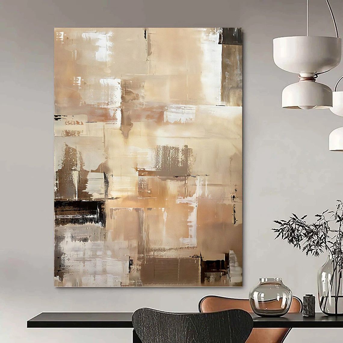 “Beige and Brown Abstract Cubist - inspired Painting” - Modern Abstract On Canvas PT0984