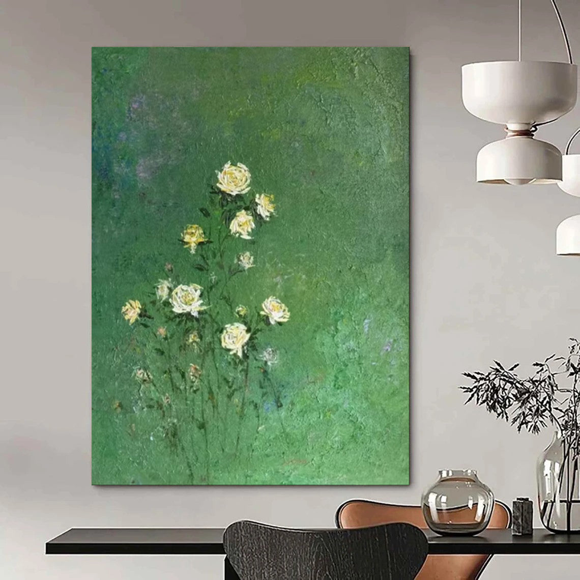 “Yellow Flowers on Green” - Impressionist Floral Painting On Canvas PT1978