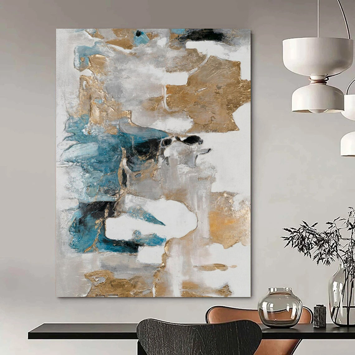 “Blue, Gray, and Gold Abstract” - Minimalist Abstract Painting On Canvas PT2245