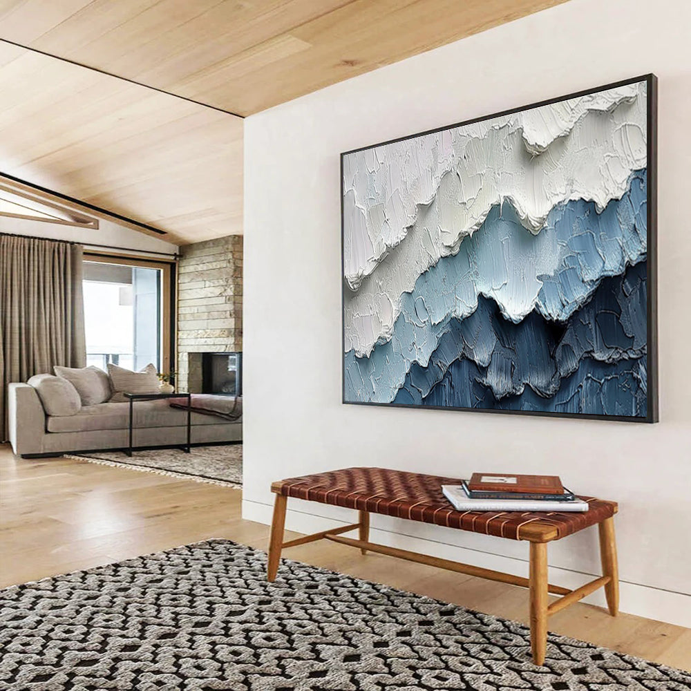 Blue & White Textured Mountain Abstract Painting On Canvas DKS049