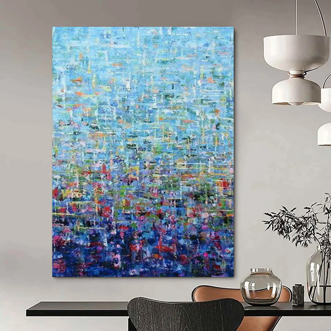 “Blue Abstract Grid” - Pointillist Abstract Painting On Canvas PT2349