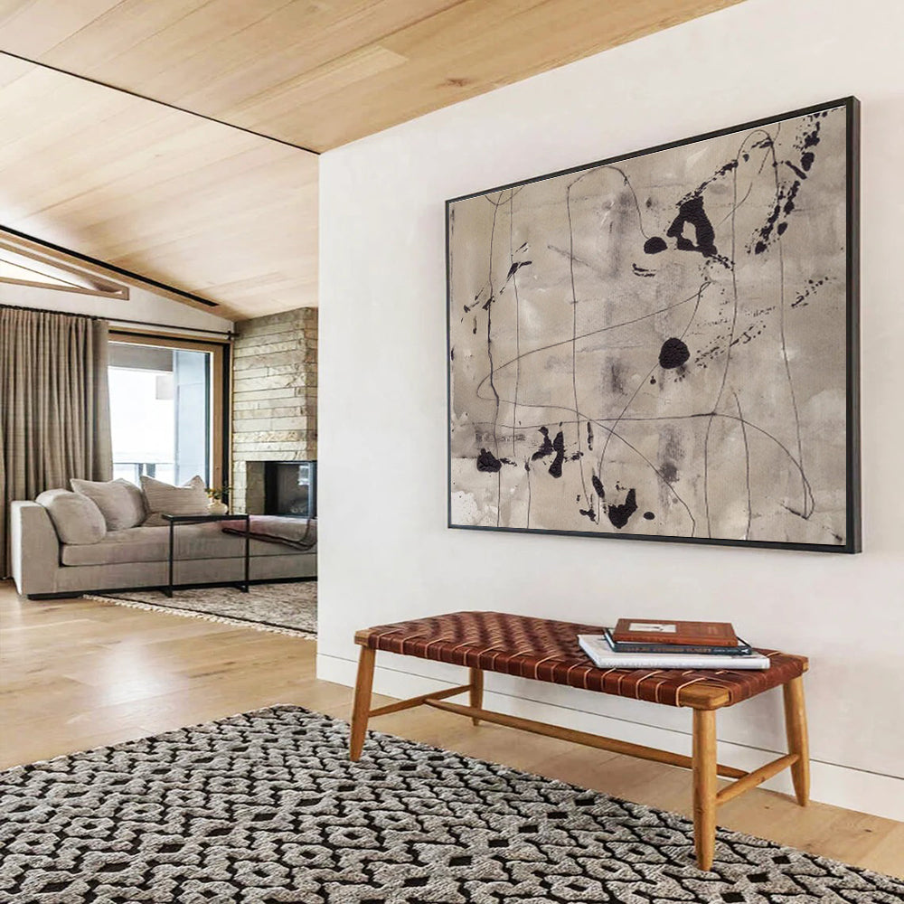 “Ink - like Abstract Lines” - Minimalist Black - White Painting On Canvas DKS446