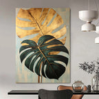 “Gold and Green Monstera Leaves” - Botanical Acrylic Painting On Canvas PT2195