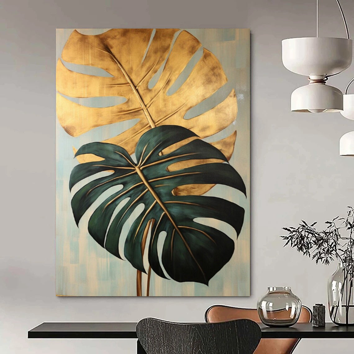“Gold and Green Monstera Leaves” - Botanical Acrylic Painting On Canvas PT2195