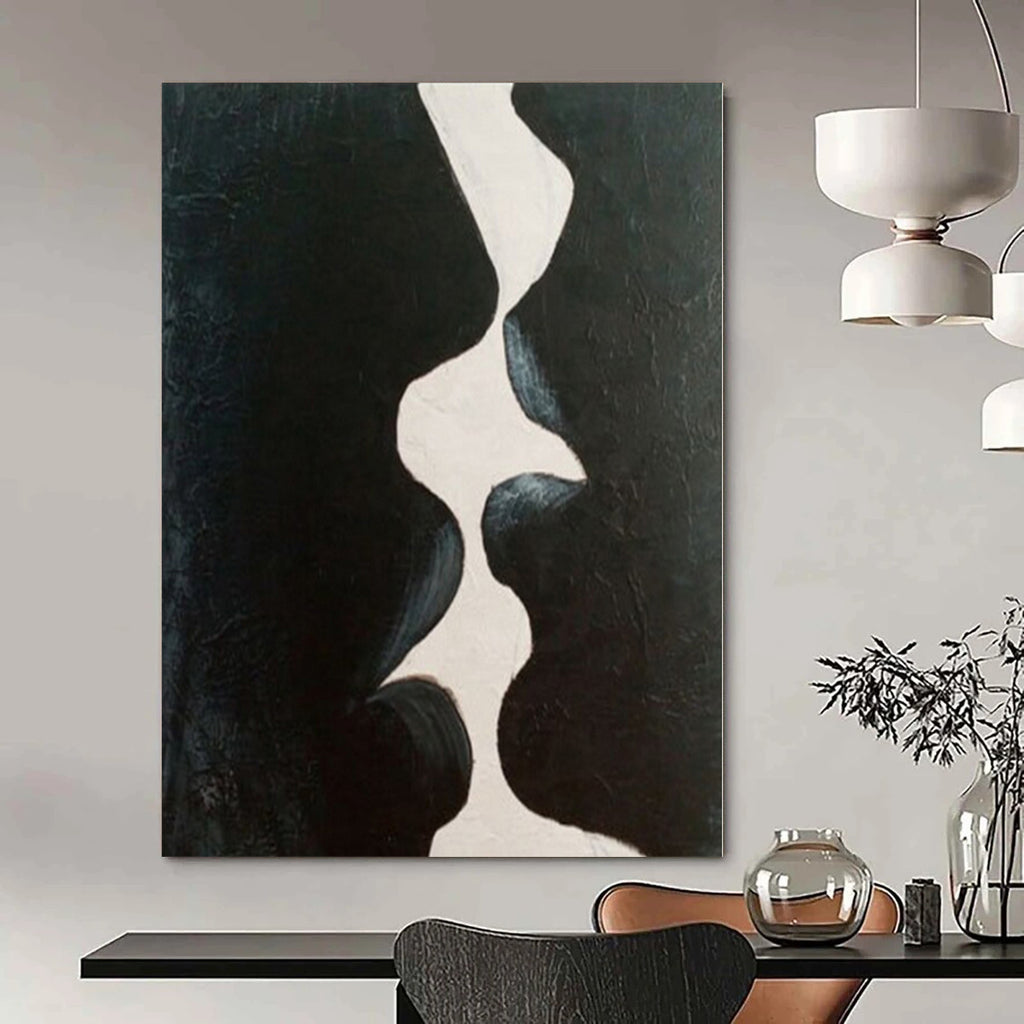 Black, White with Abstract Shapes "Shadow Kiss" Minimalist Painting On Canvas PS1199