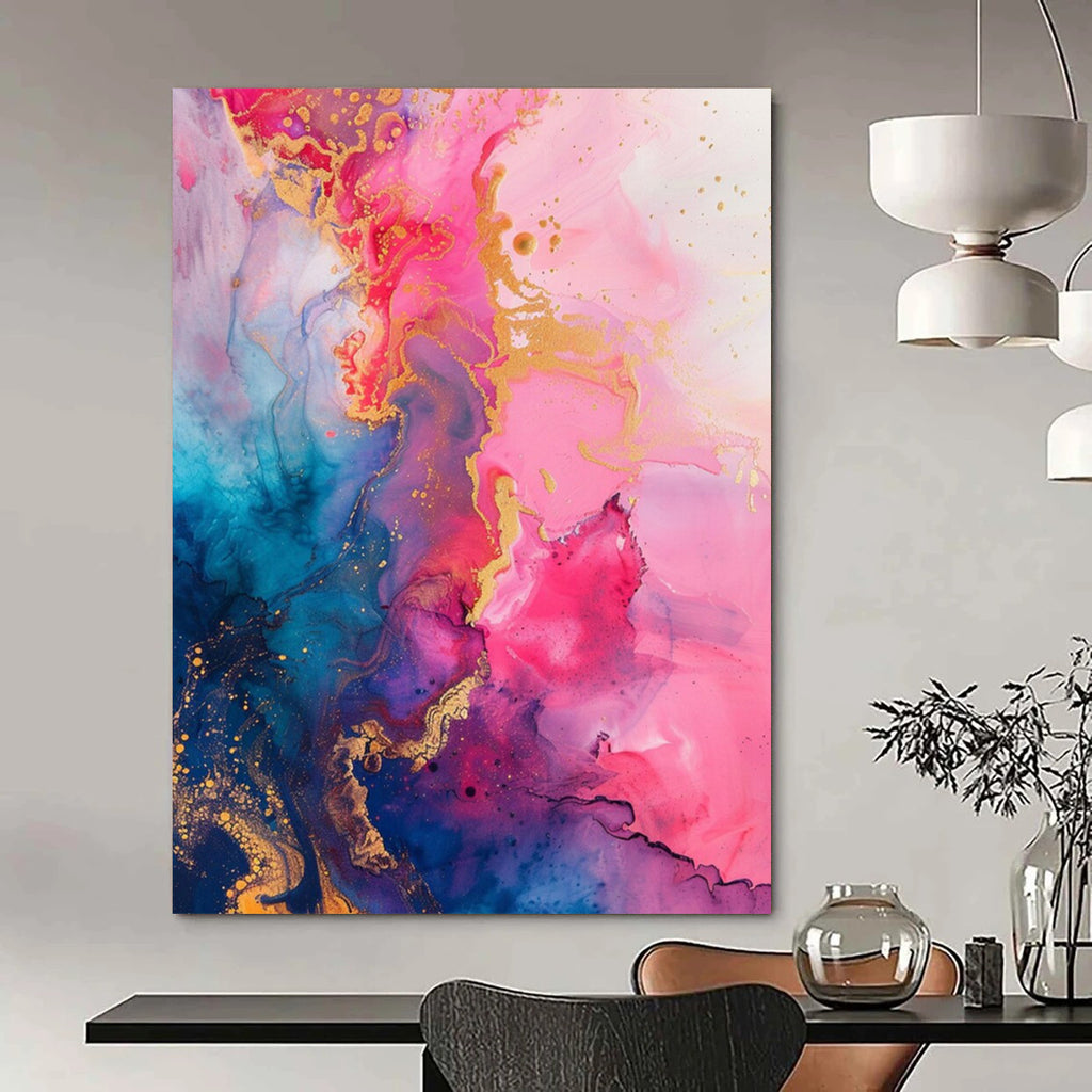 “Pink, Blue & Gold Ink Flow” - Fluid Abstract Painting On Canvas DS286