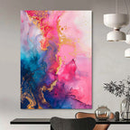 “Pink, Blue & Gold Ink Flow” - Fluid Abstract Painting On Canvas DS286