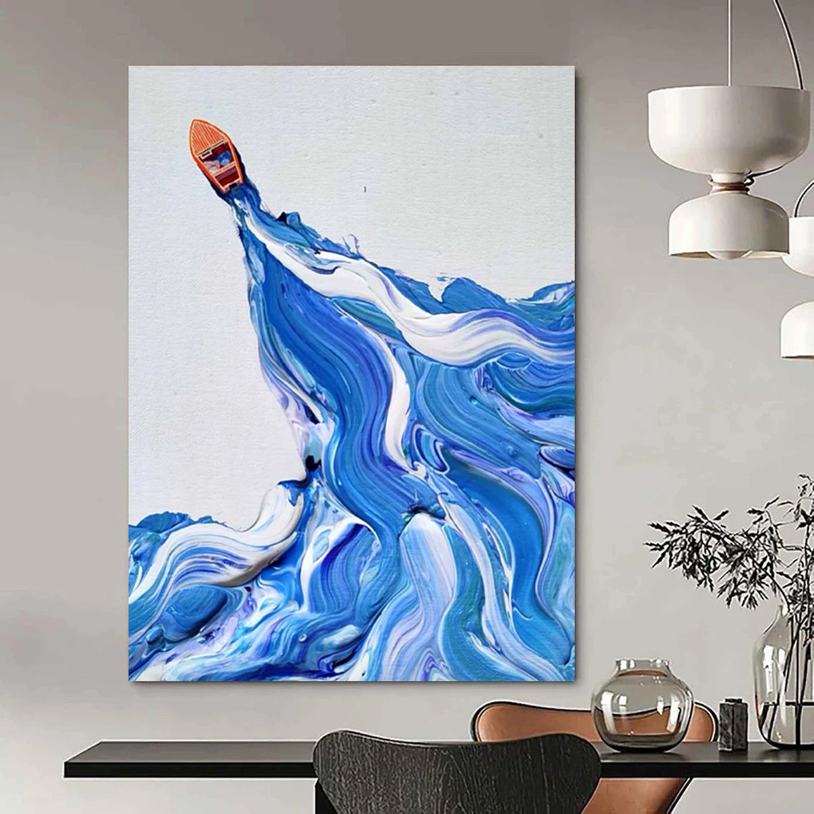 “Blue and White Wave with Orange Boat” - Dynamic Sea Scene Painting On Canvas DS321