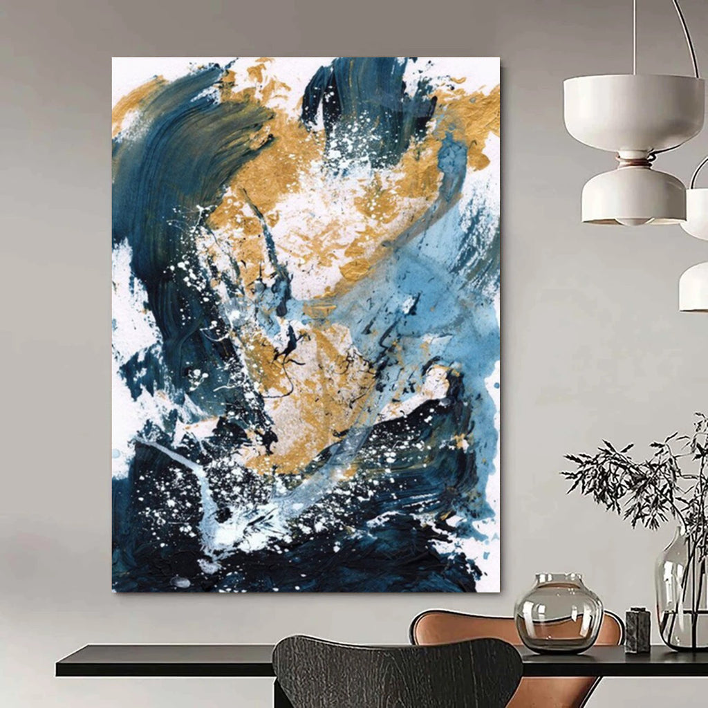 “Blue, Gold & White Abstract Splash” - Dynamic Colors with Energetic Marks Painting On Canvas DS234