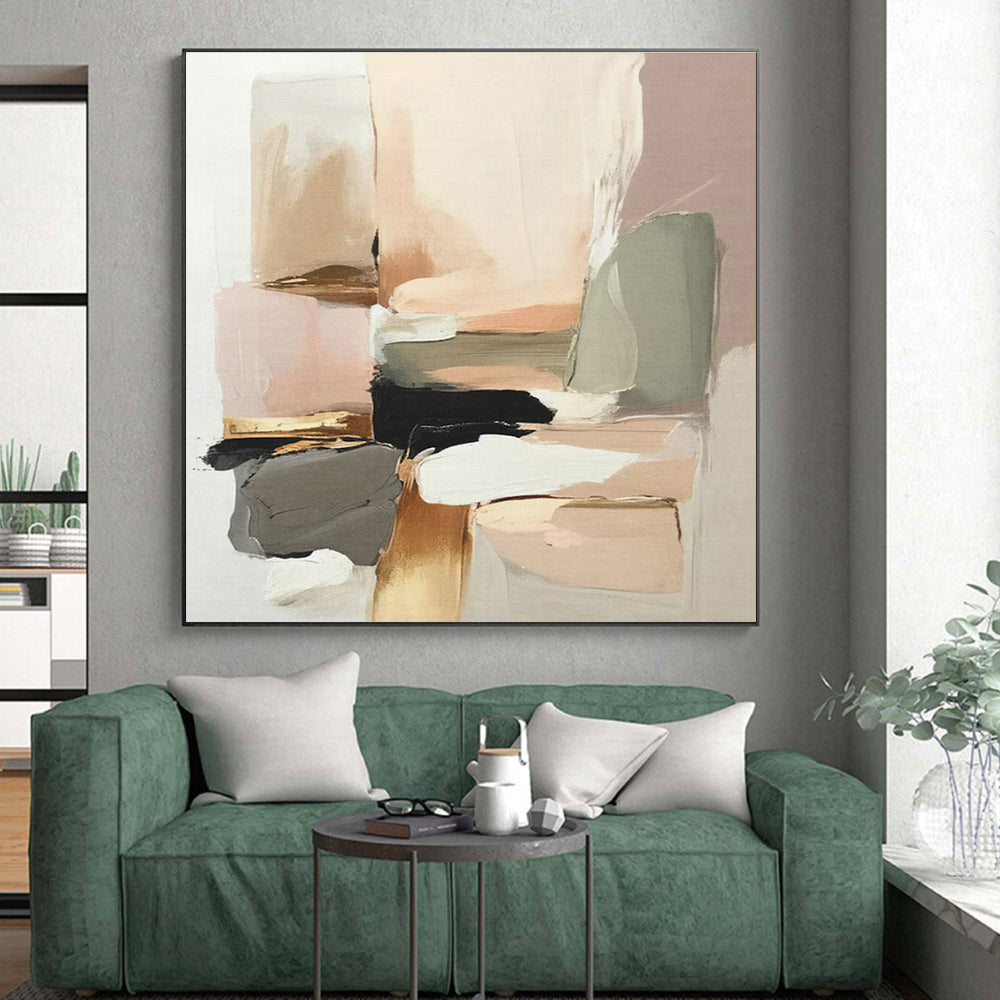 “Blush - Gold Abstract Blocks” - Blush, Gold, Neutral Tones Abstract Geometric Painting On Canvas PS0738