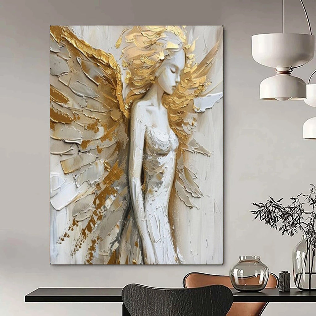 Gold & White Winged Figure, Textured Impressionism, Painting On Canvas PT2138