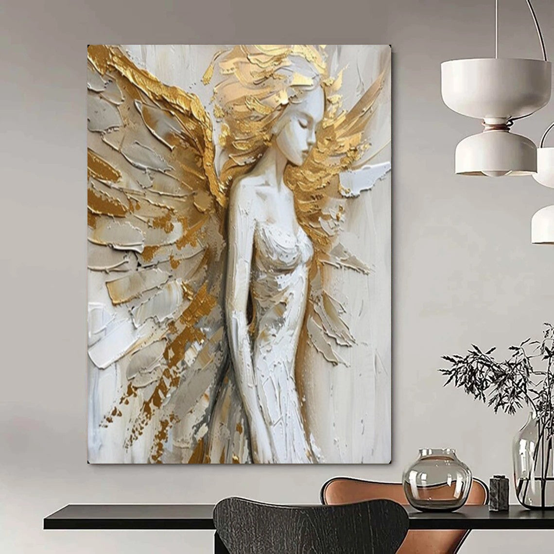 Gold & White Winged Figure, Textured Impressionism, Painting On Canvas PT2138