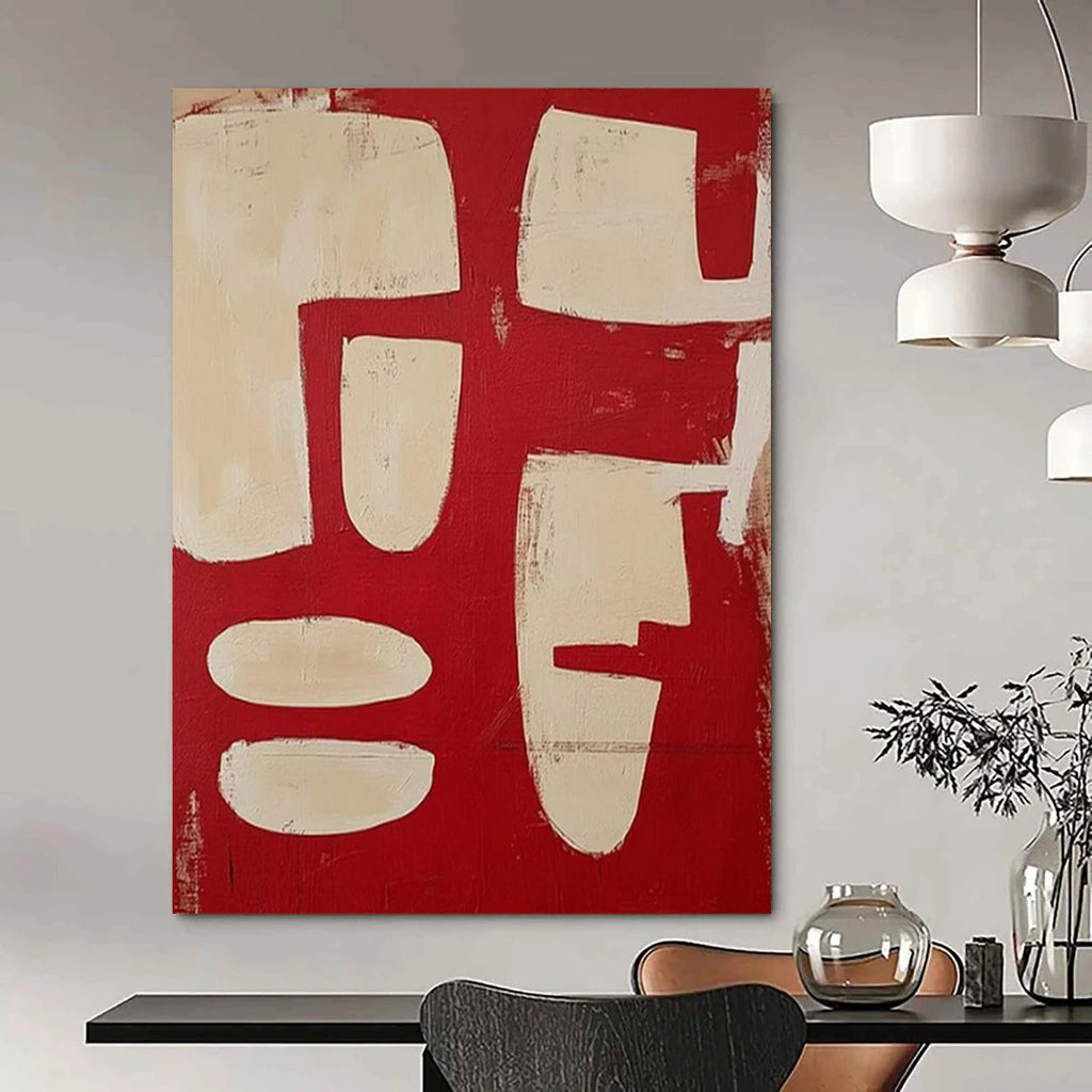 “Red and White Abstract Forms” - Color Field Painting On Canvas PT2367