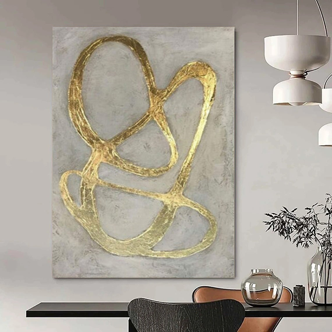 Gray with Intertwined Gold Lines "Golden Entanglement" Opulent Abstract Painting On Canvas PS1098