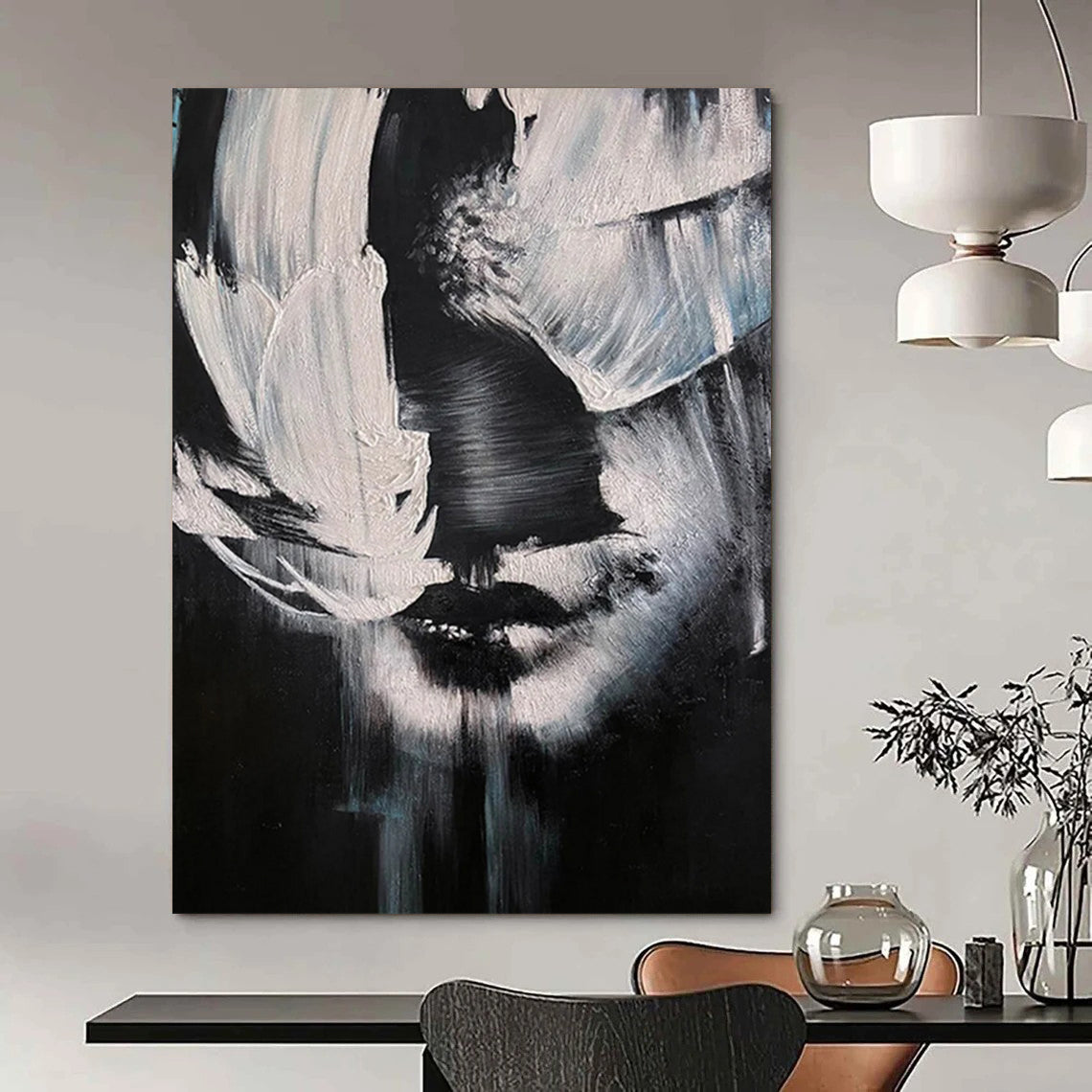 “Monochrome Abstract Face” - Black and White Figurative Painting On Canvas DS331