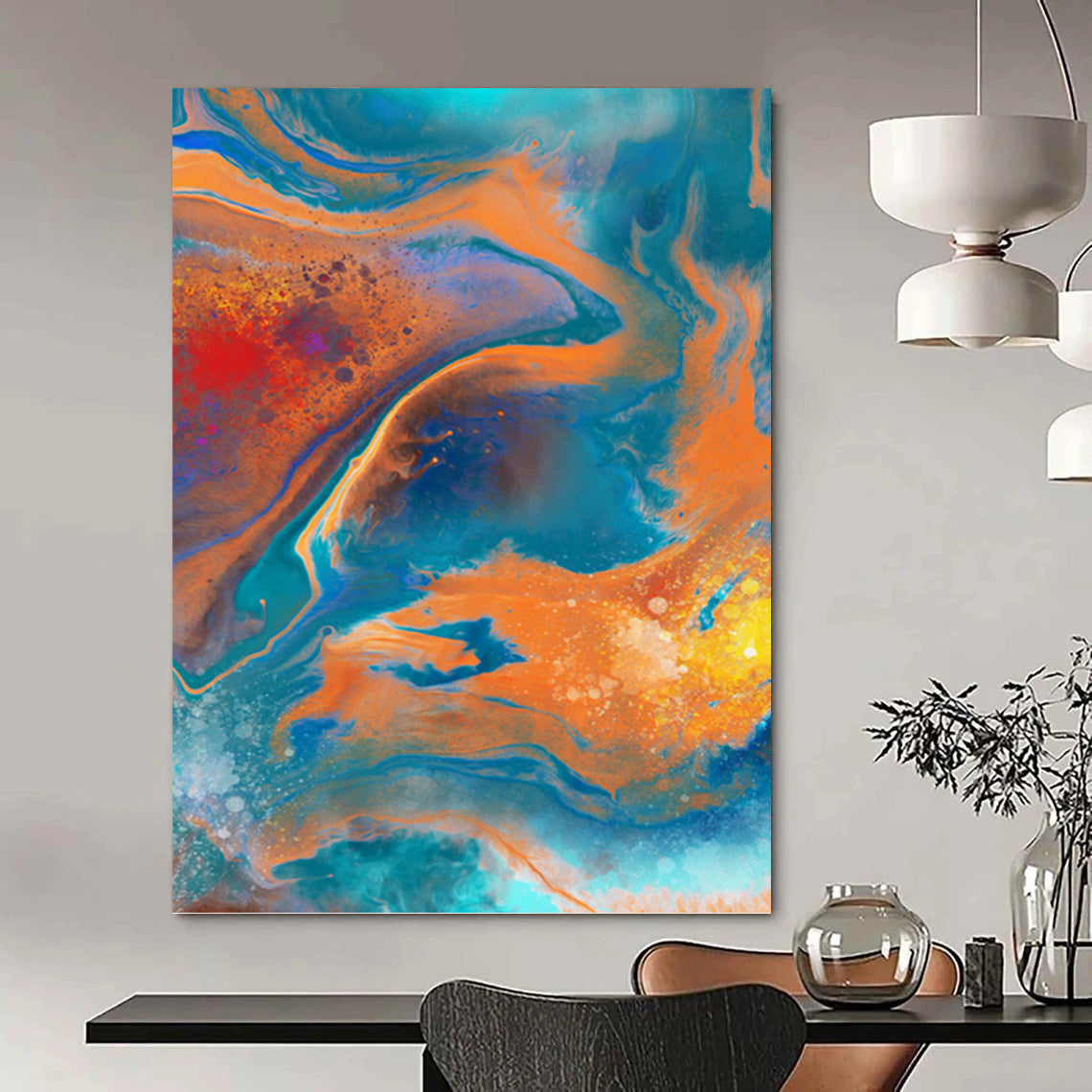 “Vibrant Swirls: Blue, Orange, and Red Abstract” - Fluid Art - Style Painting On Canvas PT0940