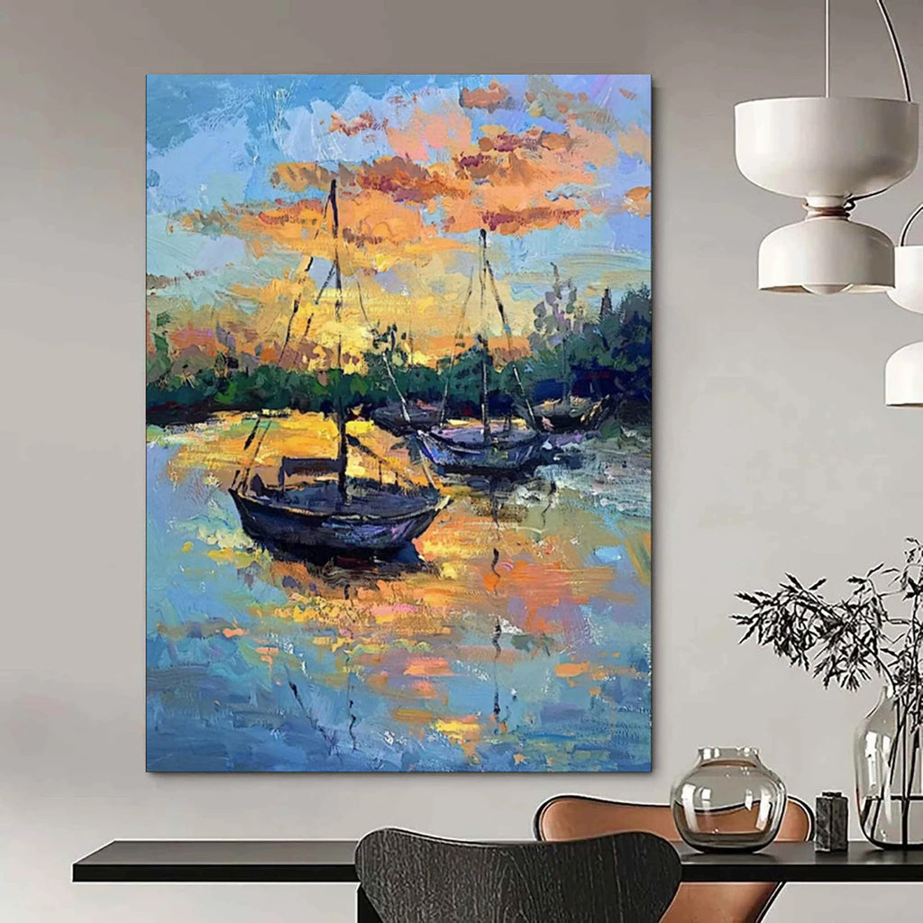 “Colorful Sunset Harbor Boats” - Impressionist Maritime Painting On Canvas PT1882