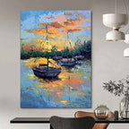 “Colorful Sunset Harbor Boats” - Impressionist Maritime Painting On Canvas PT1882