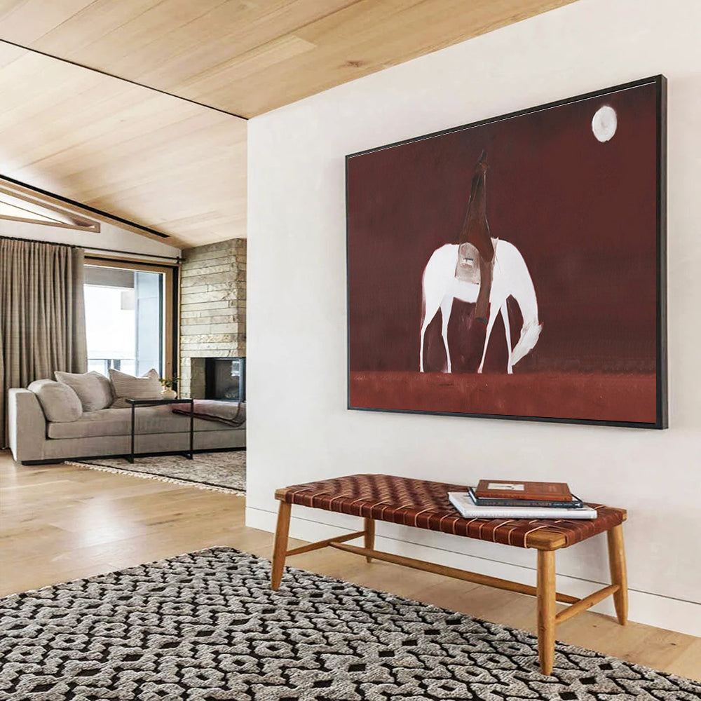 “Moonlit Rider” - Red, White & Brown Figurative, Minimalist Oil Painting On Canvas DKS732