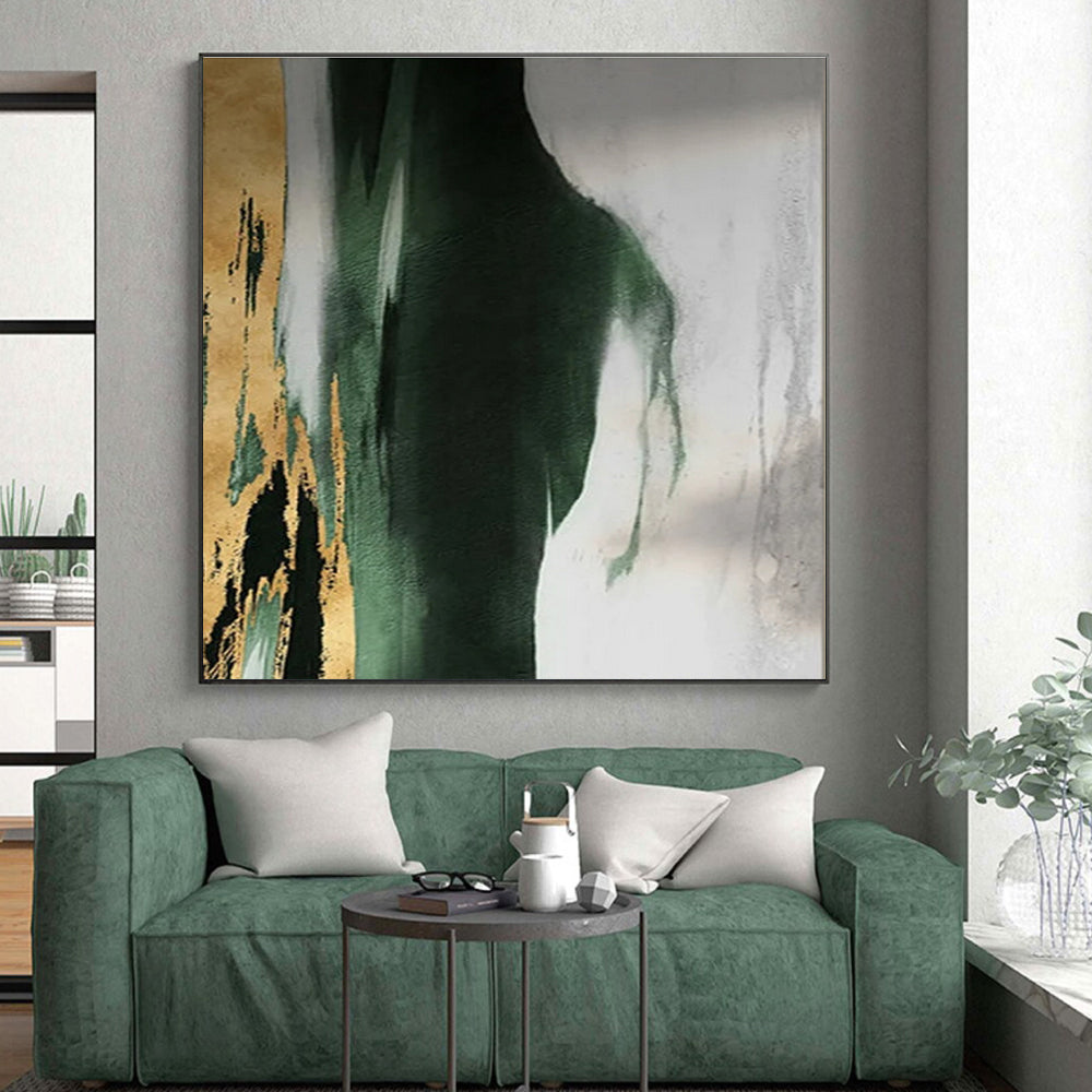 “Gold - Green Abstract Form” - Green, Gray, Gold, White Abstract Minimalist Painting On Canvas PS0640