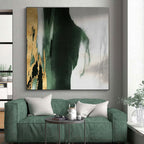 “Gold - Green Abstract Form” - Green, Gray, Gold, White Abstract Minimalist Painting On Canvas PS0640