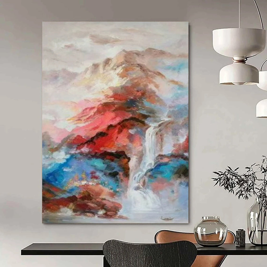“Colorful Mountain Waterfall” - Abstract Landscape Painting On Canvas PT2346