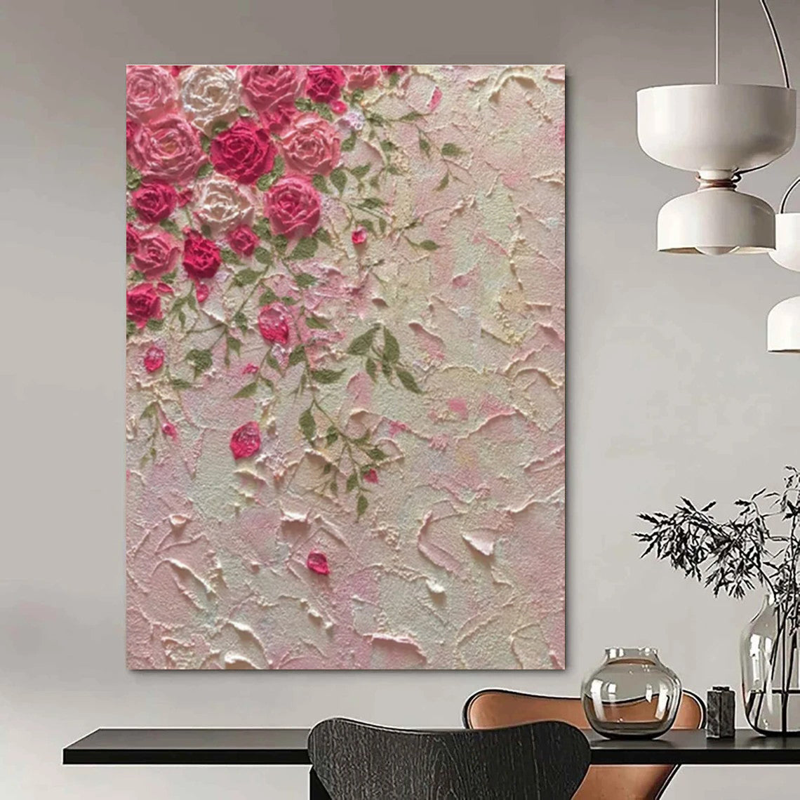 Pink, Green with Textured Roses "Tactile Blooms" Abstract Painting On Canvas PS1450