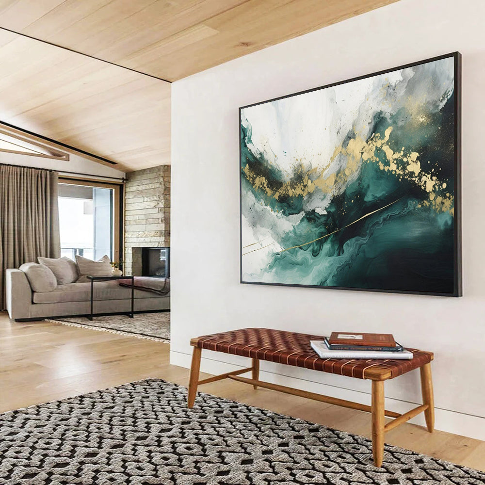 “Teal - Gold Abstract Waves” - Fluid Teal “Ocean Gold” Painting On Canvas PT1616