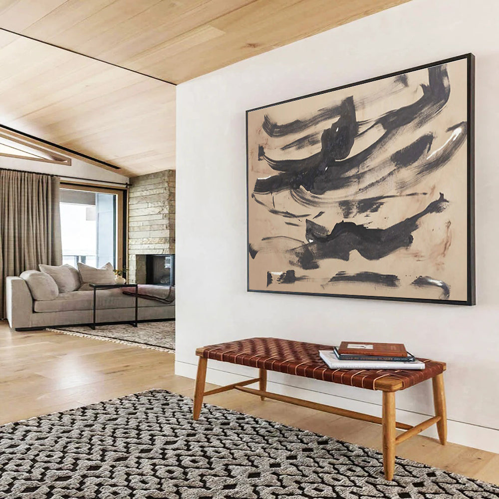 “Ink Wash Abstraction” - Black & Beige Abstract, Minimalist Ink Painting On Canvas DKS735