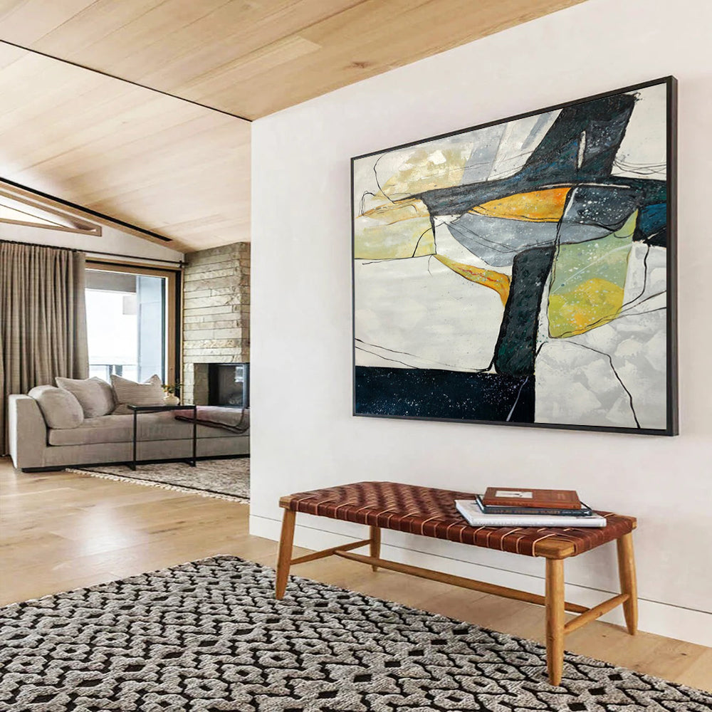“Geometric Abstract Coastal in Blacks, Whites & Colors” - Modern Cubist - Inspired Oil Painting On Canvas PT038
