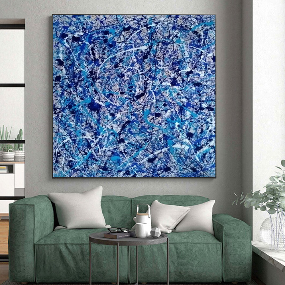 Blue and White Splatters, "Oceanic Chaos" – Action - Painting Abstract On Canvas PS0886
