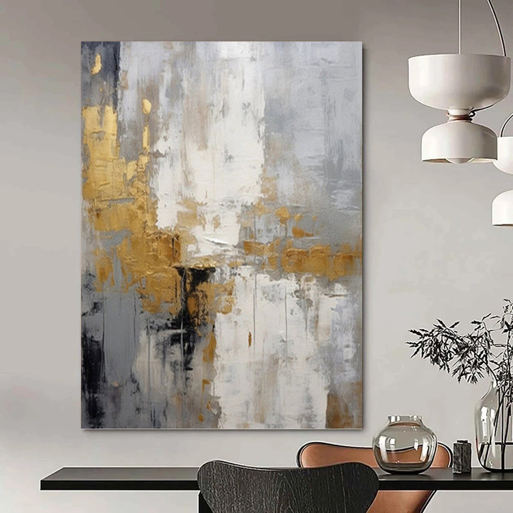 “Grey - Gold Abstract Elegance” - Neutral with Gold Accent Abstract Painting On Canvas PT1062