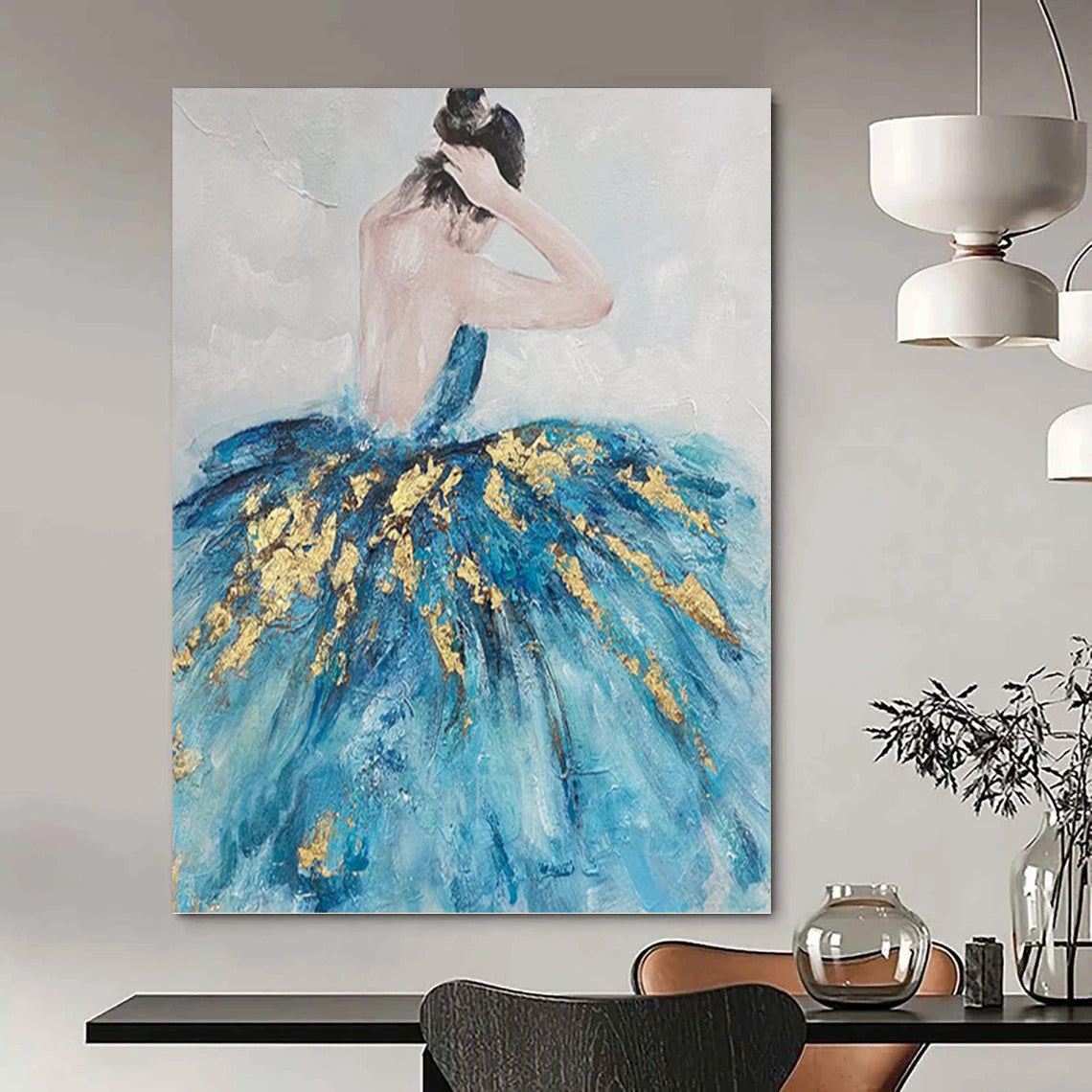 “Ballerina in Blue & Gold” - Impressionist - Inspired Figure Painting On Canvas PT1414