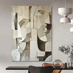 Beige, Gray with Geometric Faces "Cubist Masks" Abstract Painting On Canvas PS1388
