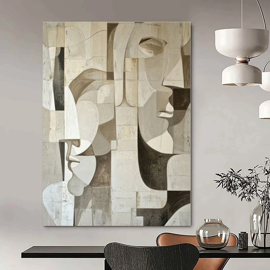 Beige, Gray with Geometric Faces "Cubist Masks" Abstract Painting On Canvas PS1388