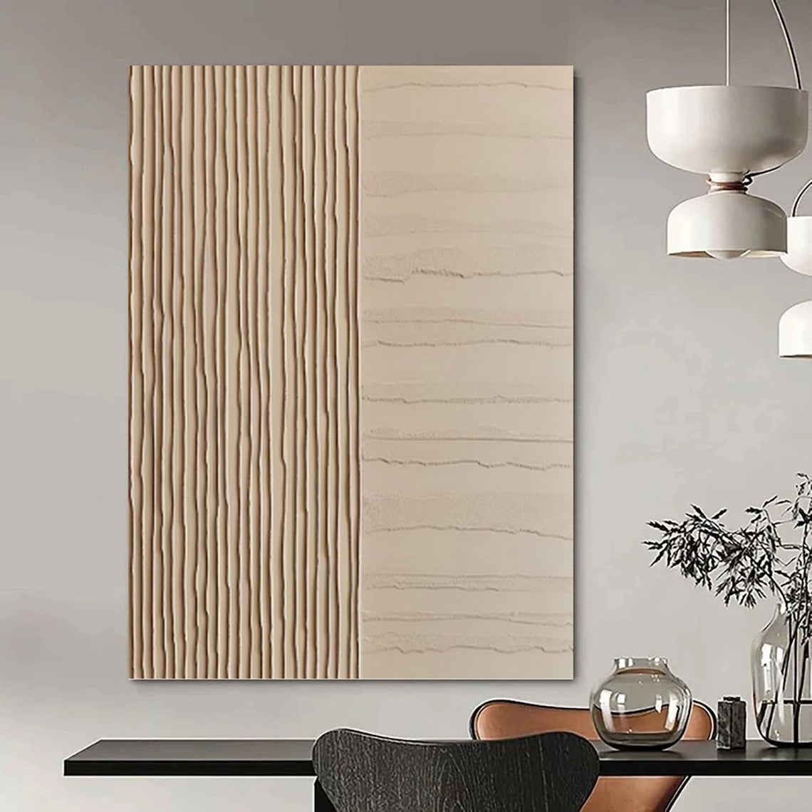 “Dual - Textured Beige Harmony” - Beige, Linear & Wavy Abstract Painting On Canvas PT1478