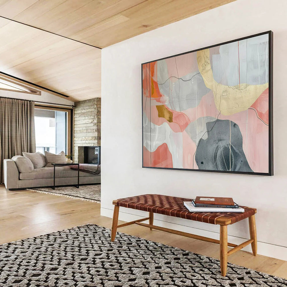 “Pink - Gray Abstract with Gold Details” - Modernist Abstract - Painting On Canvas PT1761