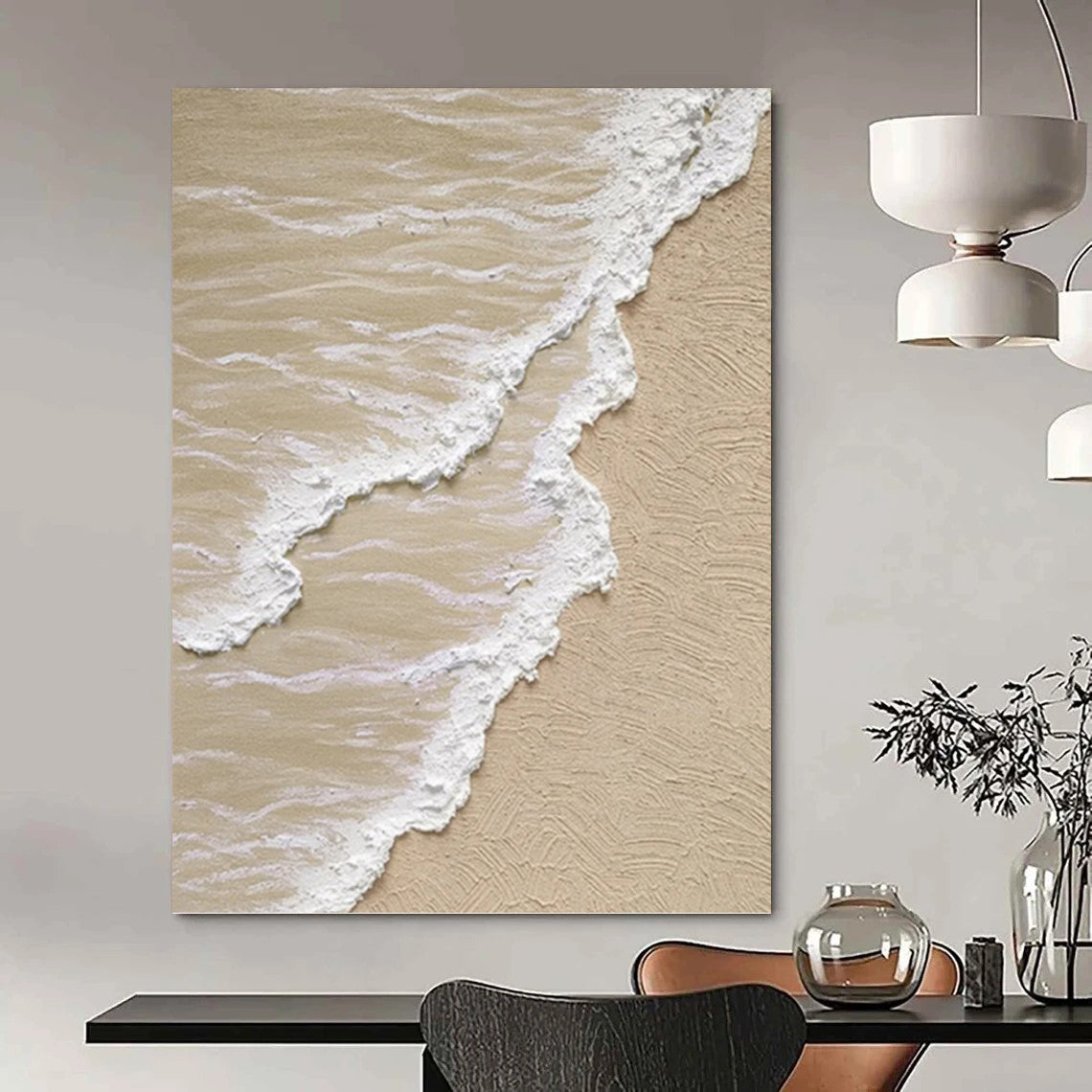 “Beige - White Textured Shoreline” - Coastal Abstract Painting On Canvas PT1143