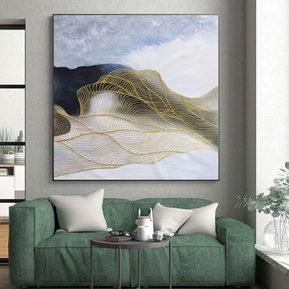 “Blue - White - Gold Wavy Lines Abstract” Painting On Canvas PS0382