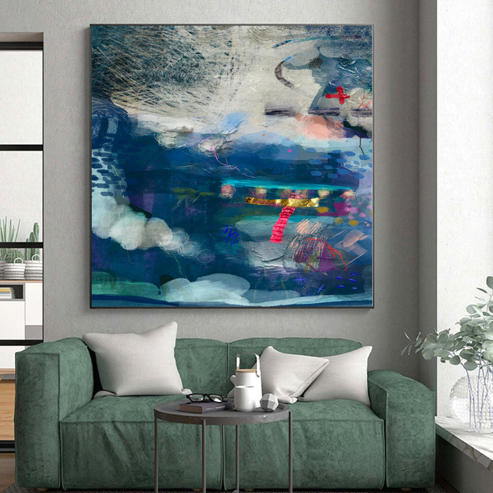 “Blue - Toned Collage Abstract” - Mixed - Media Abstract Painting On Canvas PS0095