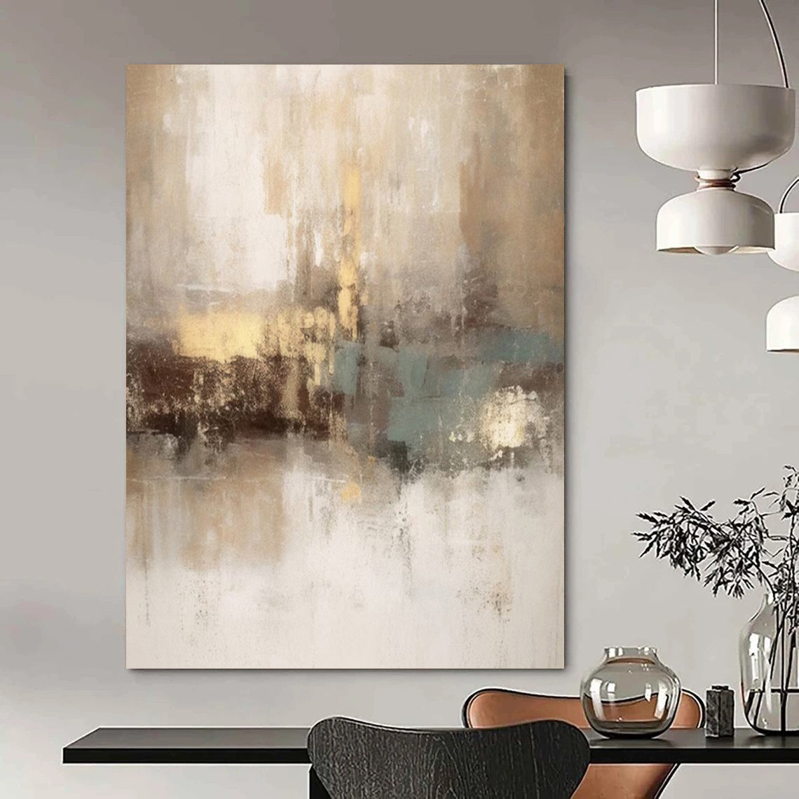 Beige, Gold, Teal, and White, "Ethereal Sands" – Abstract Painting On Canvas PS1019