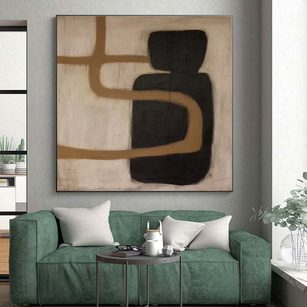 “Black - Brown Curved Abstraction” - Black, Brown Abstract Painting On Canvas PS0536