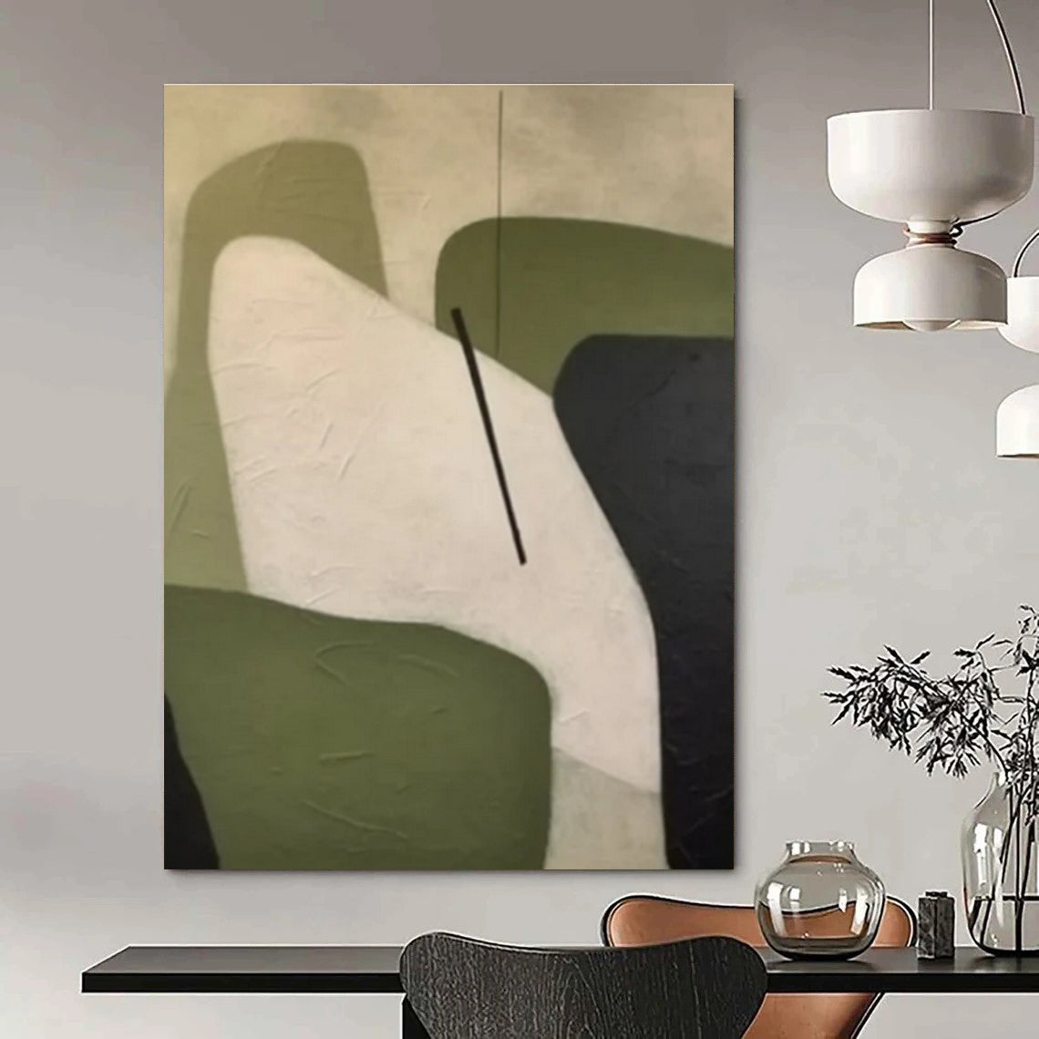 Green, White, Black with Geometric Shapes "Balanced Form" Abstract Painting On Canvas PS1470