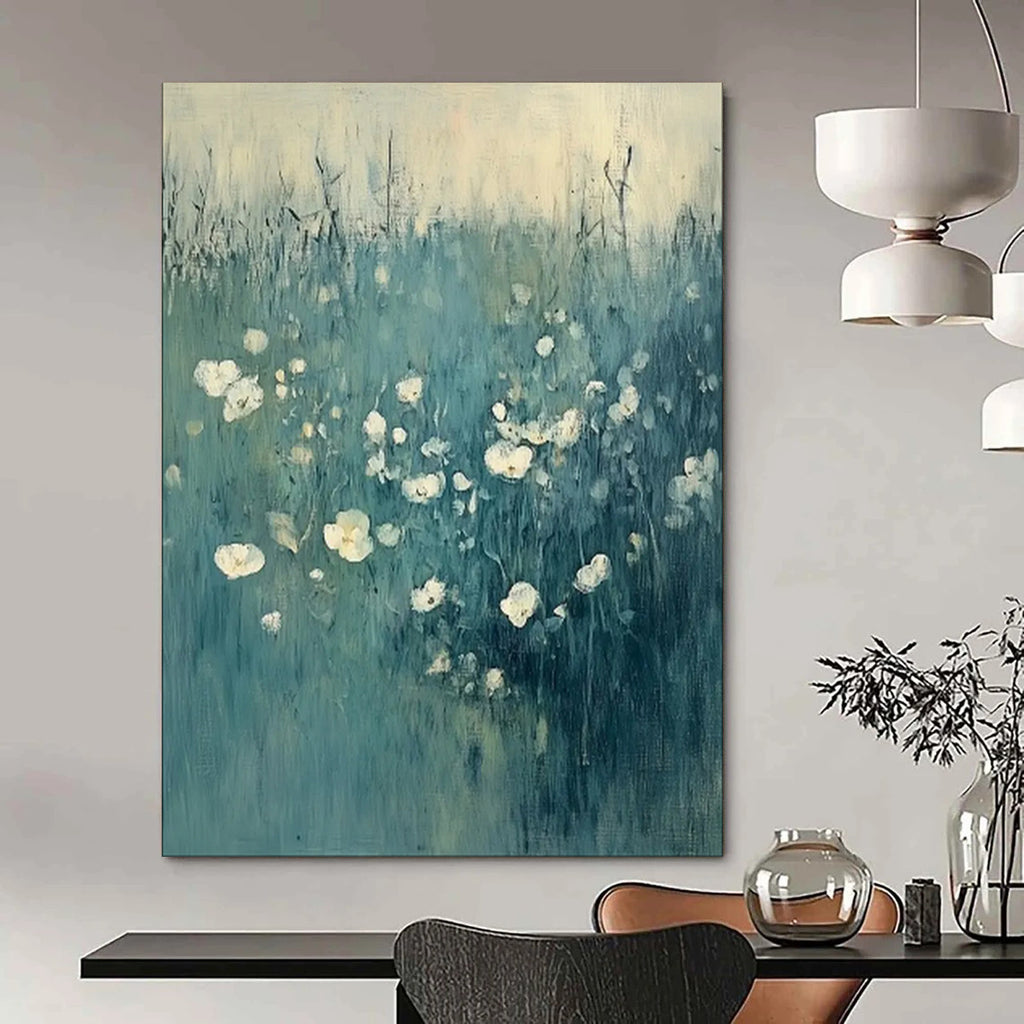 “Soft Blue Field with White Flowers” - Impressionist Floral Painting On Canvas PT1933