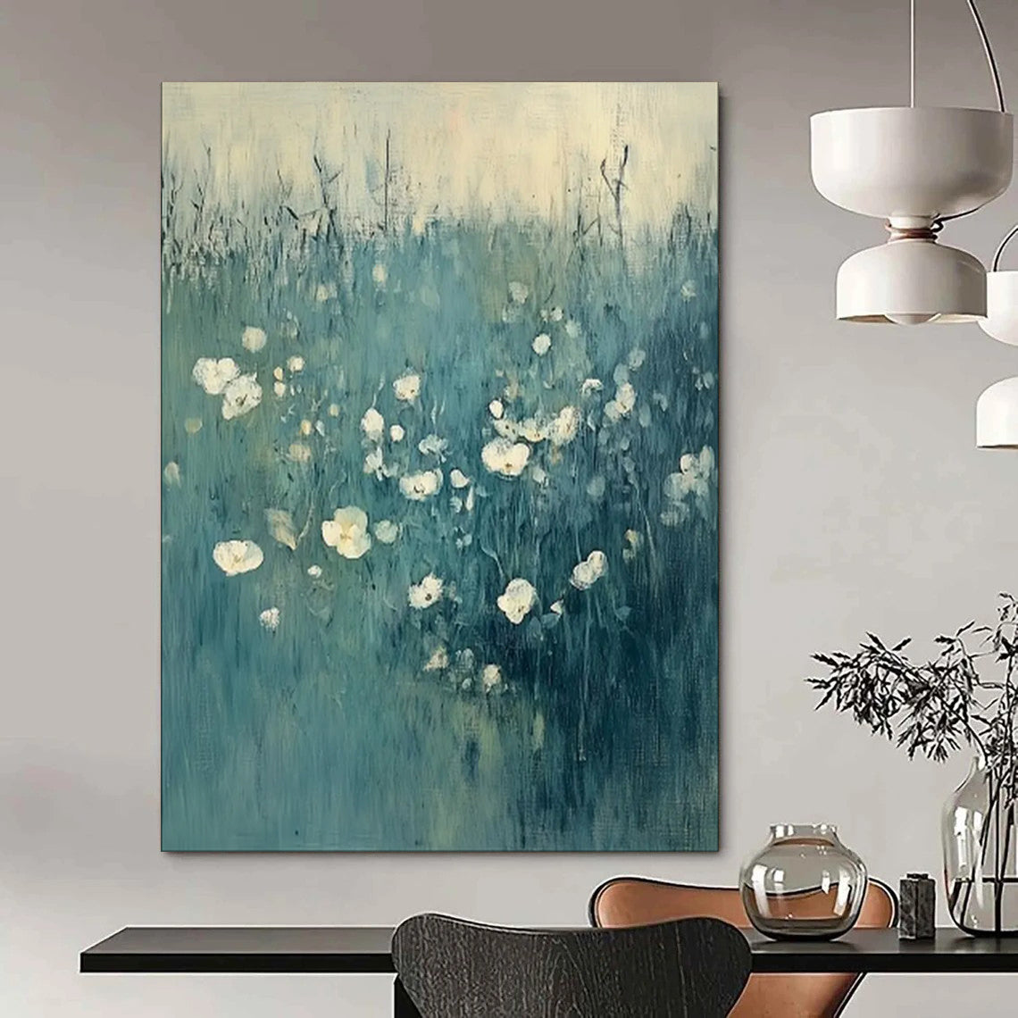 “Soft Blue Field with White Flowers” - Impressionist Floral Painting On Canvas PT1933