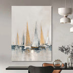 “Gold - Silver Sailboats on Gray Water” - Impressionist - Inspired Seascape Painting On Canvas PT1416
