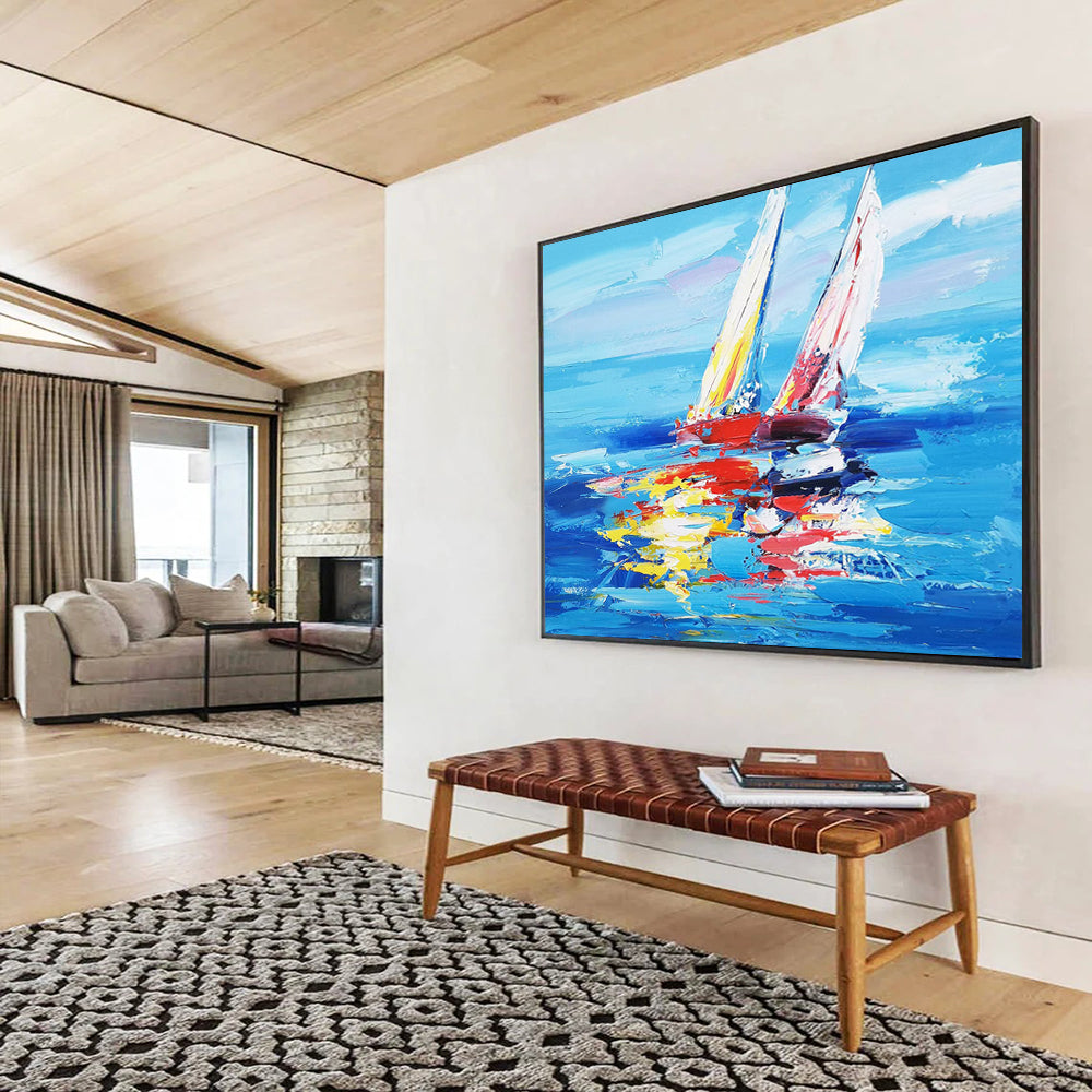 “Blue - Colorful Sailboats” - Expressionist Nautical Painting On Canvas PT266